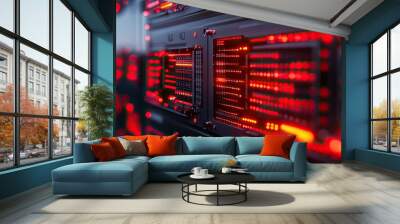 Close-up view of a high-tech server room with glowing red lights, showcasing advanced technology in data storage and computing. Wall mural