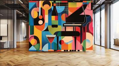 Colorful abstract art featuring musical instruments, wine, and geometric shapes in a modern, vibrant style. Wall mural