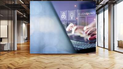 Concept of Online education. man use Online education training and e-learning webinar on internet for personal development and professional qualifications. Digital courses to develop new skills. Wall mural