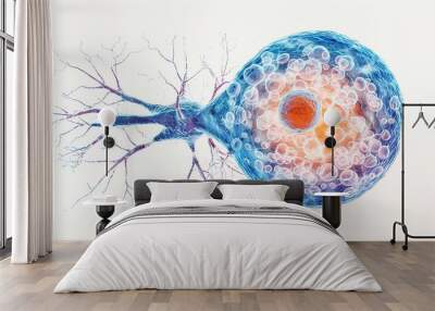 Detailed illustration of a neuron cell with vibrant colors, showcasing its complex structure and connections in a scientific and artistic manner. Wall mural