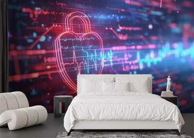 Digital security heart lock with heartbeat graph, representing cybersecurity in healthcare. Futuristic, technology, protection and health concept. Wall mural