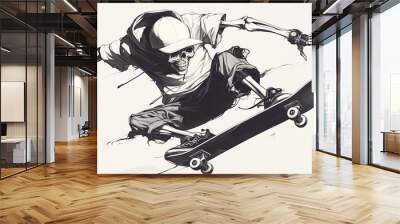 Dynamic black and white illustration of a skeleton skateboarder in action, showcasing extreme sports and street culture. Wall mural