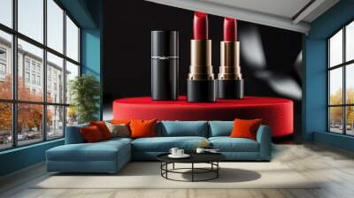 Elegant red lipsticks displayed with sleek packaging against a stylish black background, perfect for beauty and cosmetics themes. Wall mural