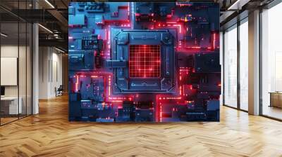 Futuristic circuit board with glowing red and blue lights representing advanced technology and digital connectivity. Wall mural