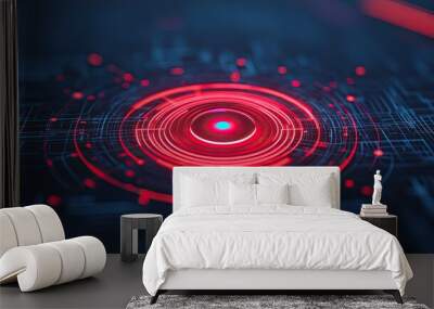 Futuristic digital pattern with glowing red circles and lines, creating a high-tech and dynamic visual effect. Wall mural