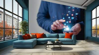 Hand holding smartphone and Social media and digital online concept, Man using smart phone with Social media.  Man using social media and digital online, online marketing, technology network concept. Wall mural