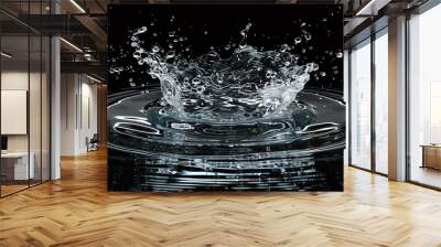 High-speed photograph capturing a droplet splashing into water against a dark background, creating ripples and beautiful water movement. Wall mural