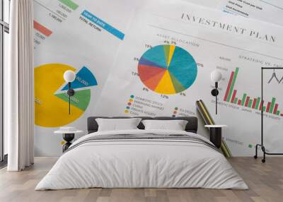 Investment planning and reporting concept. Closed up of invesment planning report containing colourful graph of asset allocation planning. Wall mural