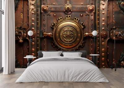 Ornate steampunk vault door with intricate metalwork and a central gear mechanism, showcasing detailed craftsmanship and industrial design. Wall mural