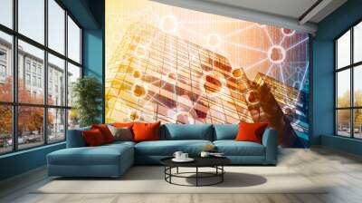 Smart Building and Internet of Things concept. Double exposure of office building and abstracy digital connection background. Wall mural