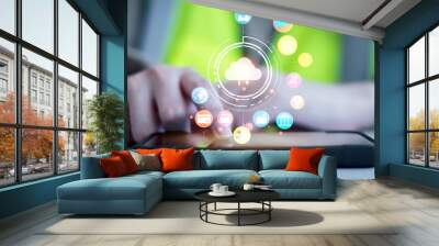 Social media and digital online concept, man using smart phone at home. The concept of living on vacation and playing social media. Modern graphic interface showing online social connection network.. Wall mural