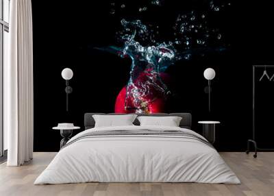 The apple falls into the black water until the sponge splits beautifully on the black background. Wall mural