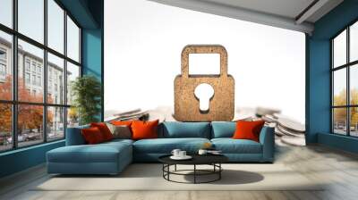 Money and Security Concept. Wooden master key lock icon on pile of coins on white background. Wall mural