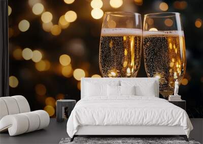 Two champagne glasses clinking with bokeh lights in the background, symbolizing celebration and joy. Wall mural