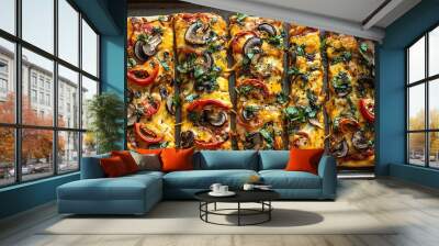 vegetarian and vegan dishes, A delicious flatbread pizza topped with colorful vegetables, melted cheese, and fresh herbs, perfect for a savory meal or snack. Wall mural