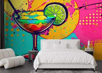 Vibrant cocktail illustration with lime slice and artistic splashes in a colorful, abstract background, perfect for summer themes. Wall mural