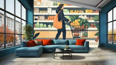 Woman Grocery Shopping for Fresh Produce Wall mural