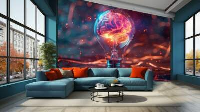 A creatively designed light bulb with a brain inside, symbolizing innovation, creativity, and bright ideas against a glowing abstract backdrop. Wall mural