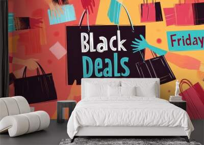 Colorful illustration of hands reaching for bags communicates the excitement of Black Friday shopping deals. Wall mural