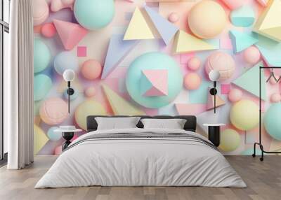 Geometric 3D Figures in Pastel Colors, Creating a Minimalist Background with a Subtle Negative Space for a Soft and Modern Aesthetic Wall mural