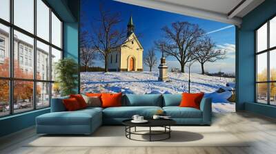 Beautiful winter landscape photo with church. Sunny winter day. Brno - Líšeò. Chapel of Our Lady of Helper. Wall mural