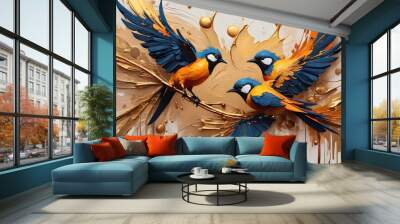 flying birds with gold accents hand painting details, canvas ,watercolor background animal bird wildlife. oil painting and palette knife on canvas Wall mural