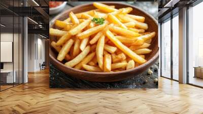 A bowl filled with crispy golden fries sits on a rustic table next to a dipping sauce Wall mural