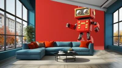 A bright robot character joyfully dances against a red background Wall mural