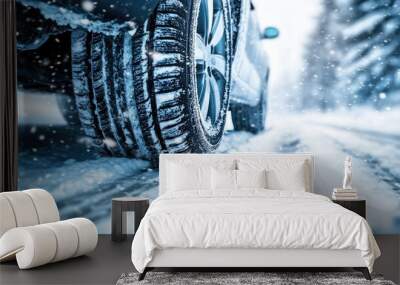 A car equipped with winter tires drives on a snow-covered road while snowflakes fall Wall mural