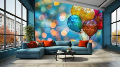 A cluster of vibrant balloons rises high in the sky, creating a cheerful and lively scene Wall mural