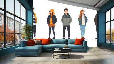 A group of five young people dressed in casual attire stands side by side Wall mural