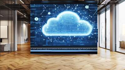 A laptop shows cloud computing code, illustrating advancements in digital transformation Wall mural