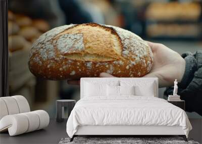 A person's hand accepts a loaf of bread at a community food distribution for those in need Wall mural