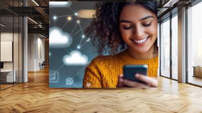 A woman interacts with her smartphone, engaged in modern communication and technology Wall mural