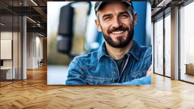 A young bearded truck driver poses with a smile, showcasing his truck and cheerful demeanor Wall mural