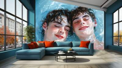 A young LGBT couple enjoying a swim in the ocean during their vacation on the beach Wall mural