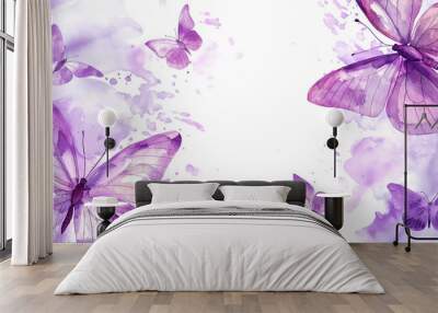 A frame of light pink and lilac butterflies with splashes of paint. Watercolor illustration isolated on a transparent background Wall mural