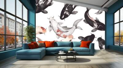 A group of colorful fish swimming in a pattern isolated on a transparent background Wall mural