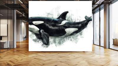 A large black and white whale is swimming in the ocean isolated on a transparent background Wall mural