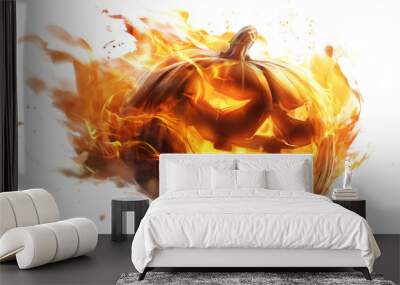 A pumpkin with a scary face is on fire isolated on a transparent background Wall mural