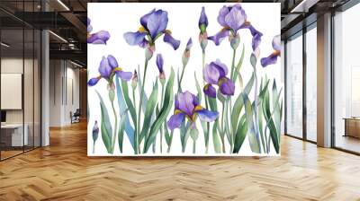 A row of purple irises with green stems Wall mural