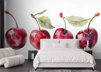 Four cherries with leaves on them isolated on a transparent background Wall mural