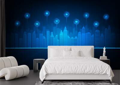 Vector technology internet of things smart city online network concept. Abstract blue background. Wall mural