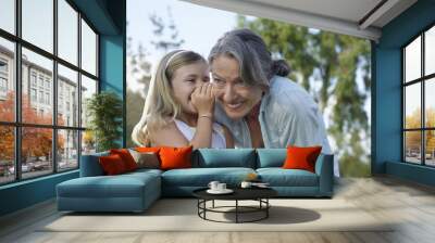 Closeup of a young girl whispering in grandmother's ear outdoors Wall mural