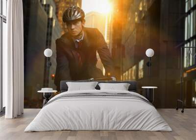 Handsome brunette business man commuting to work by bicycle wearing suit and tie Wall mural