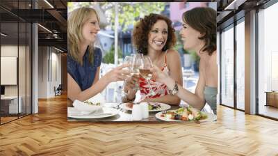 Happy multiethnic female friends toasting wine at outdoor cafe Wall mural