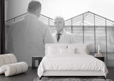 Mature male biochemists discussing while standing against clear blue sky Wall mural