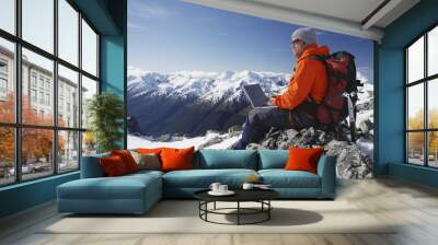 Side view of a male mountain climber using laptop on mountain peak Wall mural