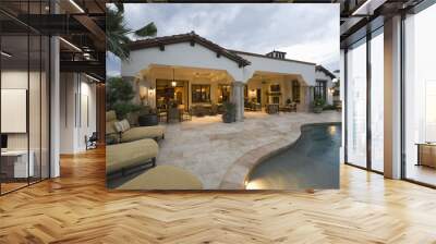 View of sunloungers by the pool against modern home Wall mural