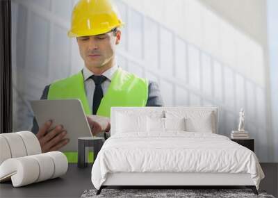 Young male engineer using digital tablet outside industry Wall mural